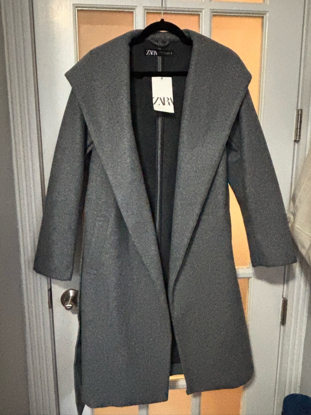 Zara Long Gray Hooded Wool-Blend Trench Coat